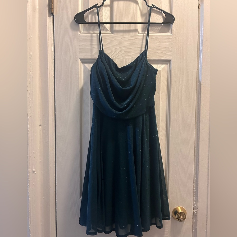 Elegant Dark Green Cowl Neck Spaghetti Strap Dress